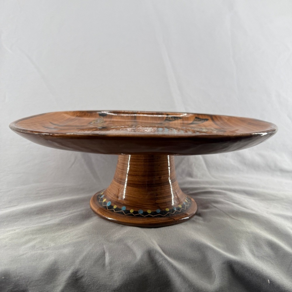 Vintage MCM Italian Ceramic Pedestal Cake Stand Fish Fishing Motif Brown Italy